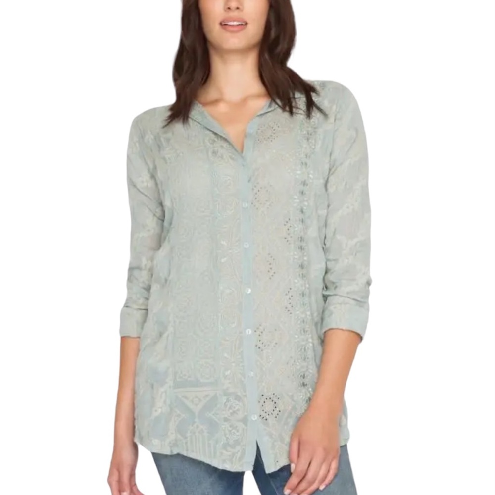 Johnny Was Green Eyelet Back Button Down Shirt Blouse size 2